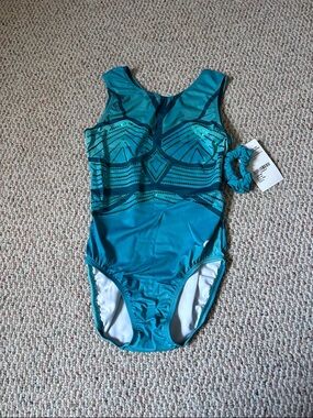 GK Teal Blue gymnastics leotard NEW WITH TAGS + SCRUNCHIE